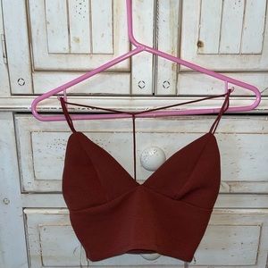 Dark red/rusty red triangle crop top with open back